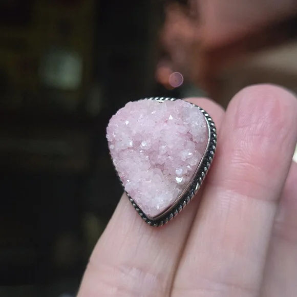 Vintage Style rose quartz Druzy sterling Ring sz8 - Picture 1 of 10
